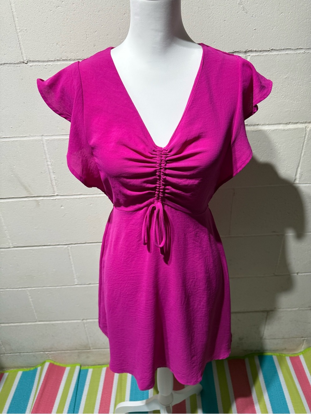 Monteau Fuchsia Ruched V-Neck Mini Dress